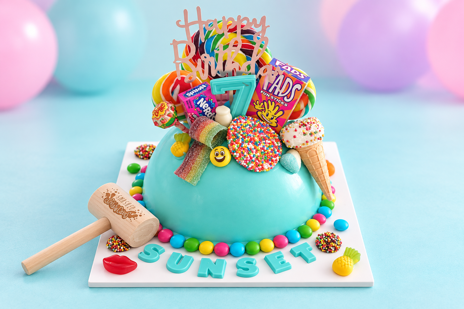 Centred colourful Dome SmashCake with candy tower and wooden hammer